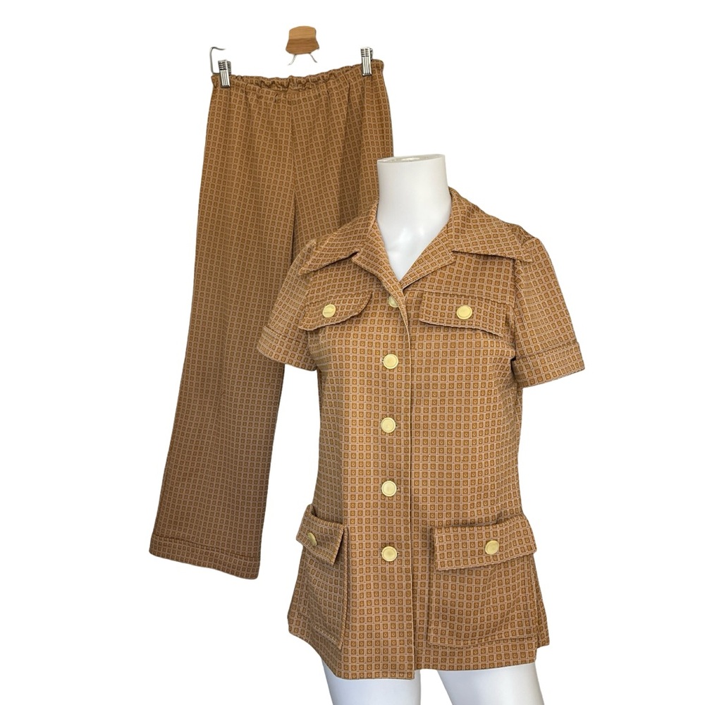 Vintage 60s 70s Pant Set Mustard Yellow Geometric Pattern Knit